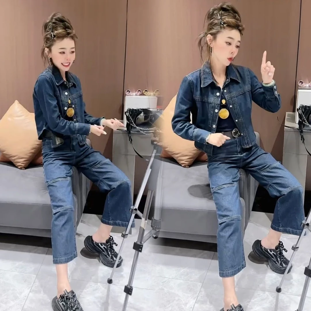 4035酷飒通勤风爆款牛仔两件套秋季新款韩版衬衫外套休闲阔腿裤