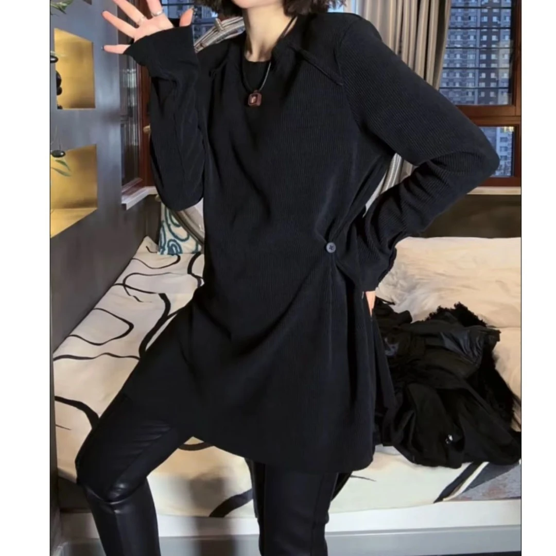 4707设计感小众侧开叉长袖打底T恤女2024秋冬新款宽松内搭中长款