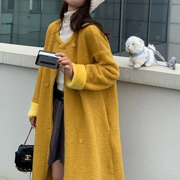 4630纯色夹棉圆领毛呢大衣女秋冬新款中长款过膝简约通勤毛呢外套