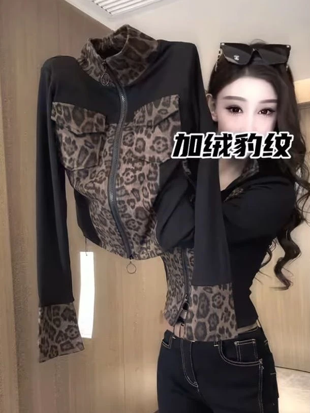 4724网红爆款时尚假两件上衣2024秋冬新款欧货豹纹吊带假两件小衫