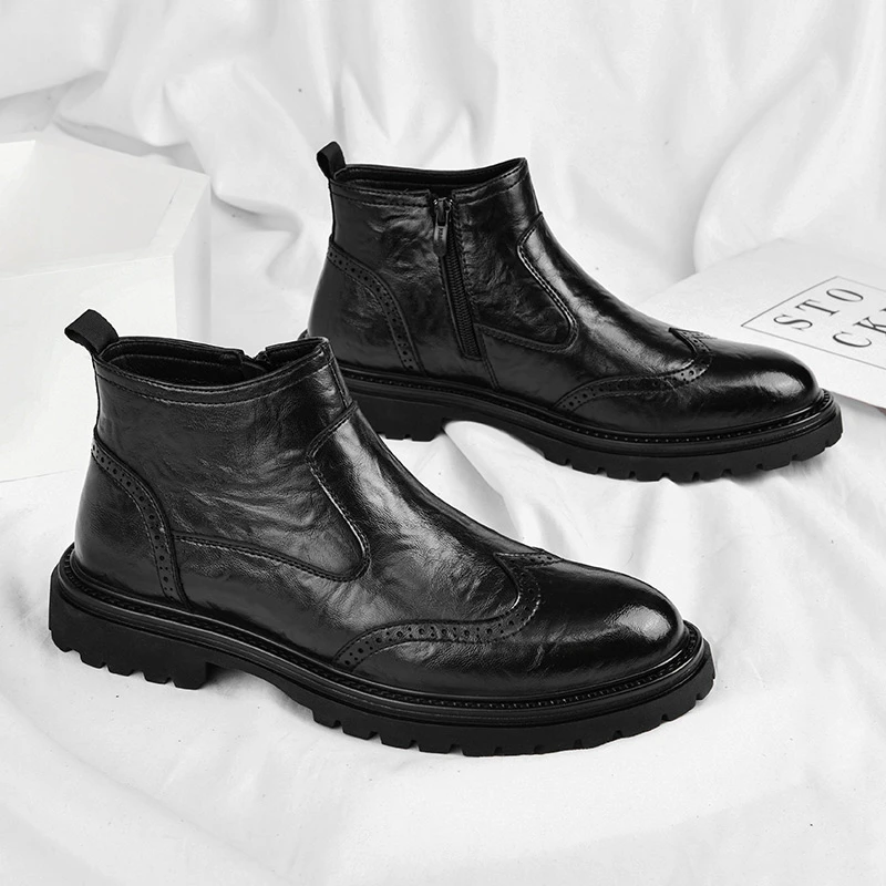 5829马丁靴男新款厚底一脚蹬男士中帮布洛克皮靴男时尚切尔西靴子