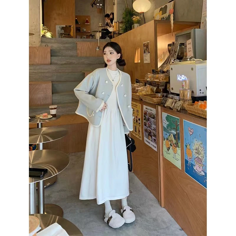 半高领针织长袖连衣裙气质小香风毛呢外套女秋季2024新款时尚套装