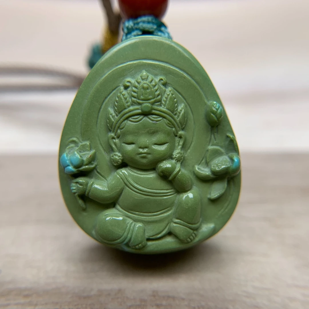 原矿绿松石特色巧雕绿度母宝宝佛玉化料料质细腻盘完无压力