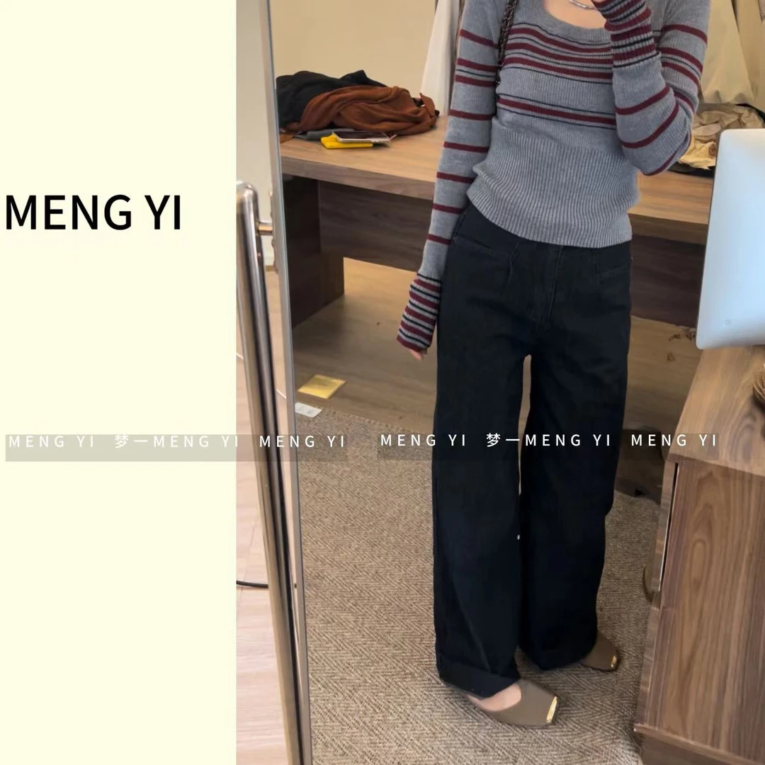 黑金弹力窄版直筒牛仔阔腿裤my-5036