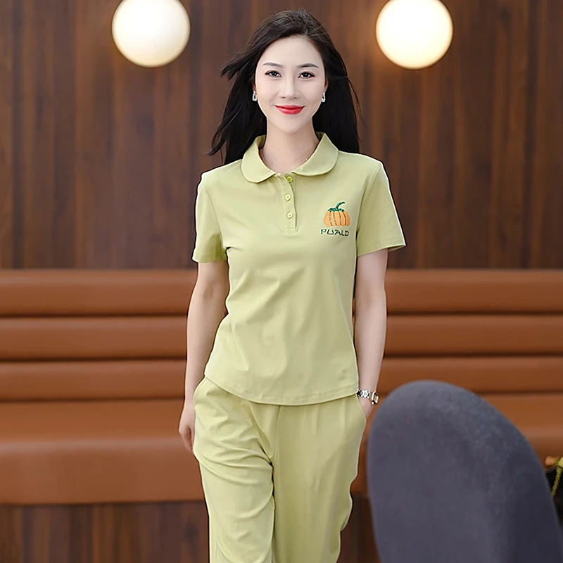 精棉罗纹翻领短袖运动装套装女夏季2025新款薄款休闲跑步服两件套