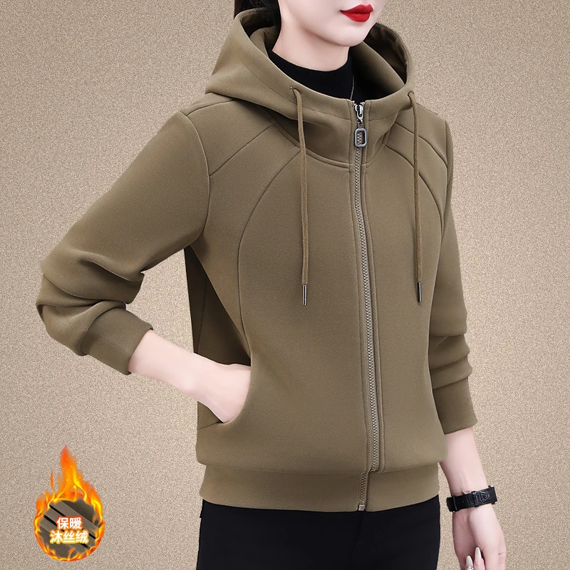 加绒外套女士秋冬2025新款加厚长袖开衫卫衣纯色减龄运动上衣连帽