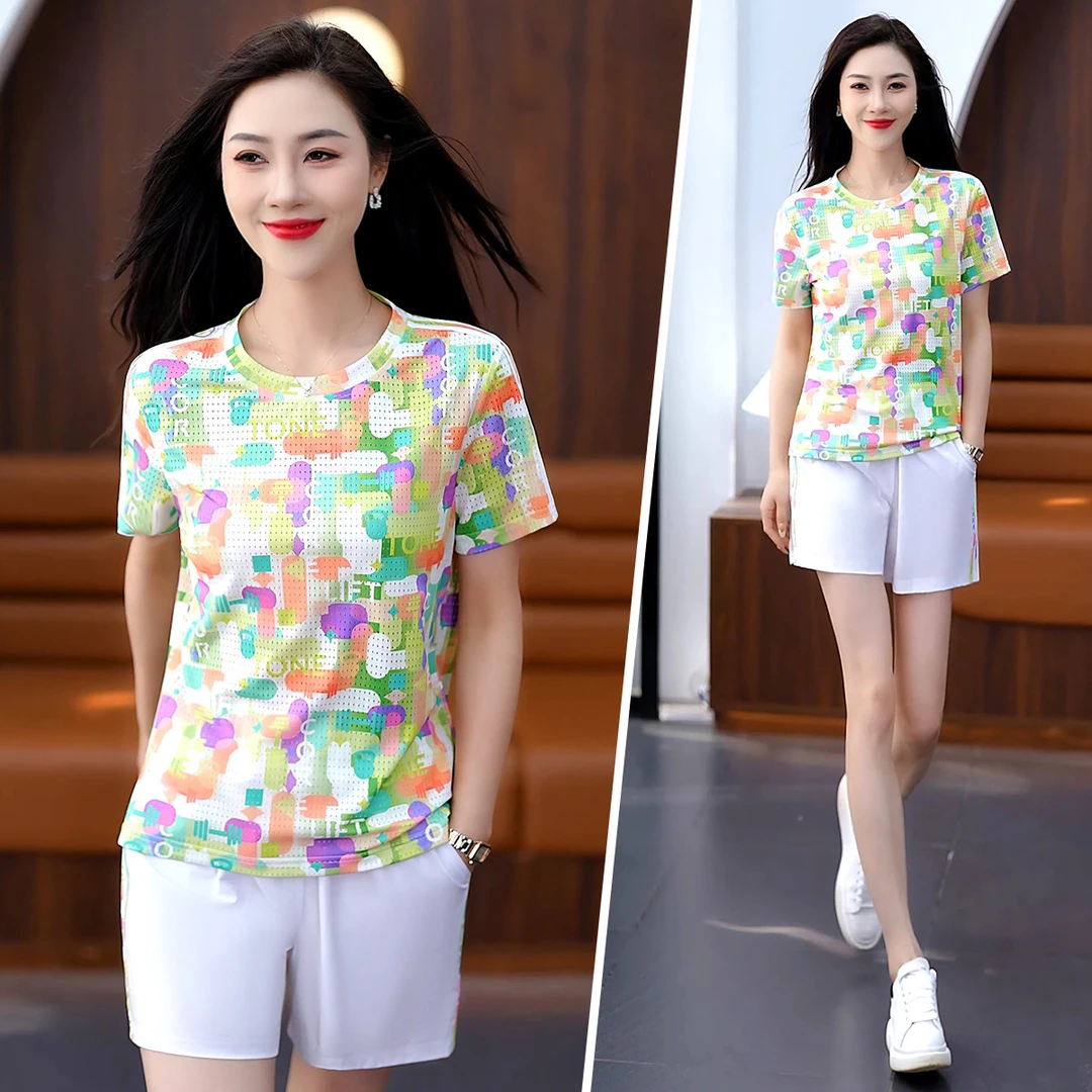运动服套装女夏季迷彩短袖百搭时尚洋气速干冰丝透气孔休闲两件套