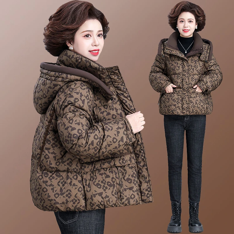 中老年女装羽绒服冬季短款复古印花棉袄大码中年妈妈保暖加厚外套