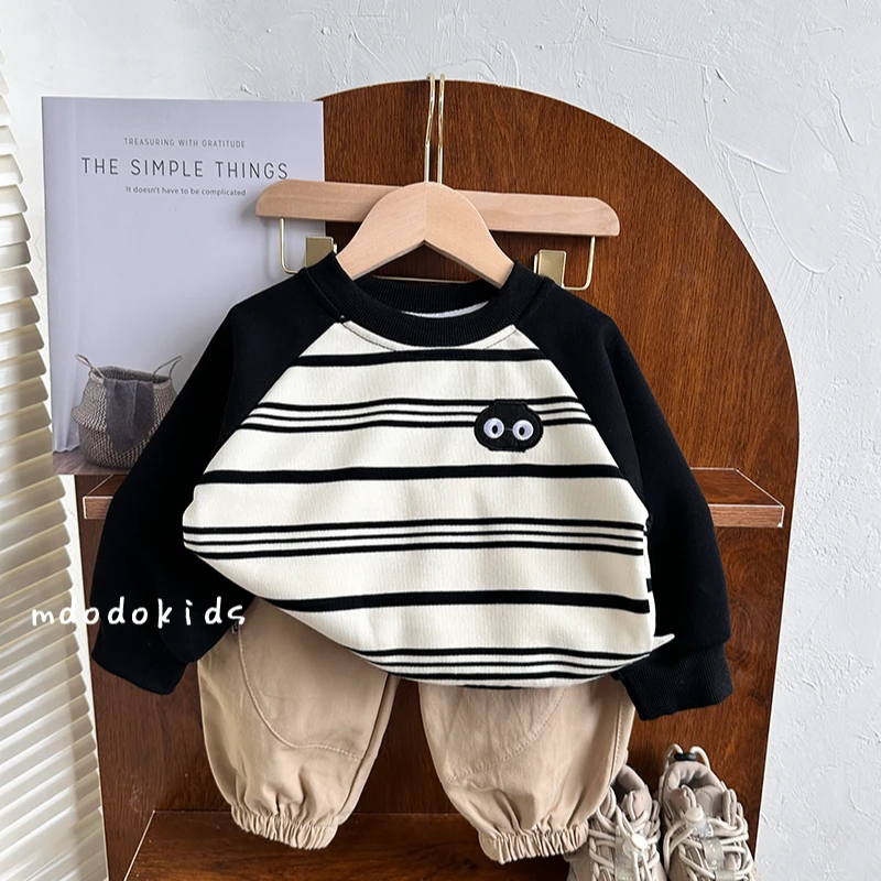宝宝秋装卫衣2024新款洋气儿童秋季条纹长袖卫衣男孩时髦上衣潮
