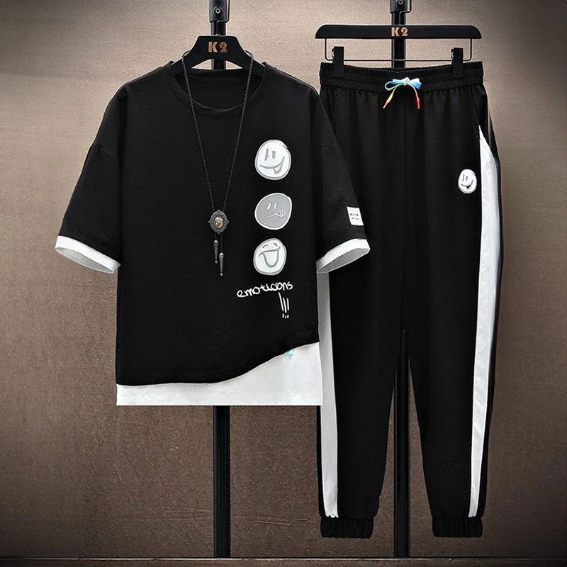 夏季新款短袖套装男宽松大码休闲百搭运动半袖上衣长裤搭配一套潮