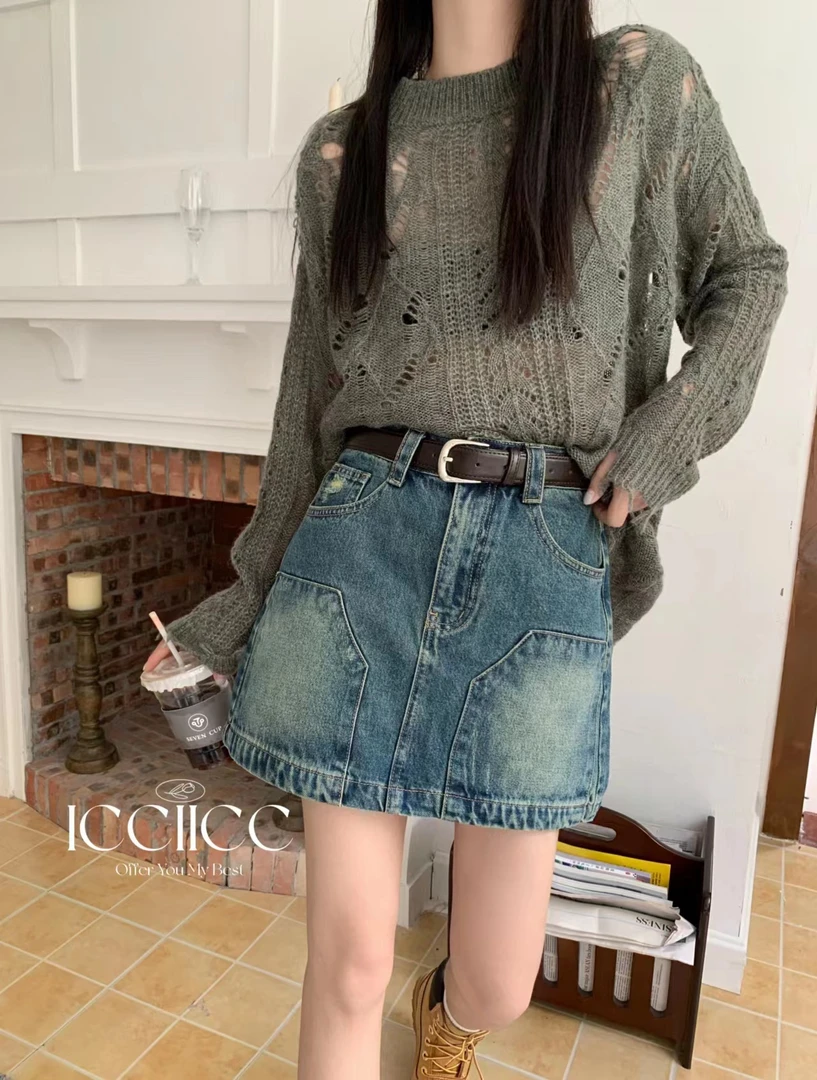 春秋季新品韩版复古牛仔裙女高腰a字半身裙百搭显瘦设计感短裙