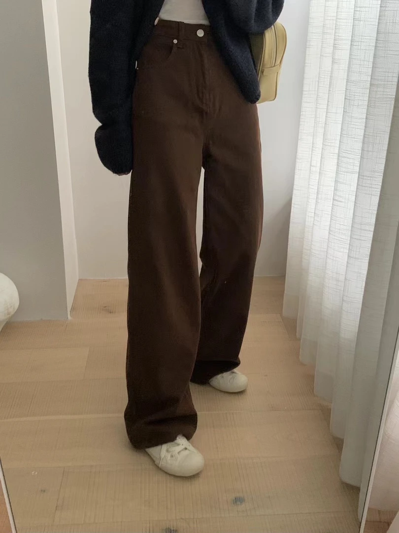 韩代TABLE复古秋冬直筒牛仔裤女高腰设计感百搭显瘦阔腿长裤9190