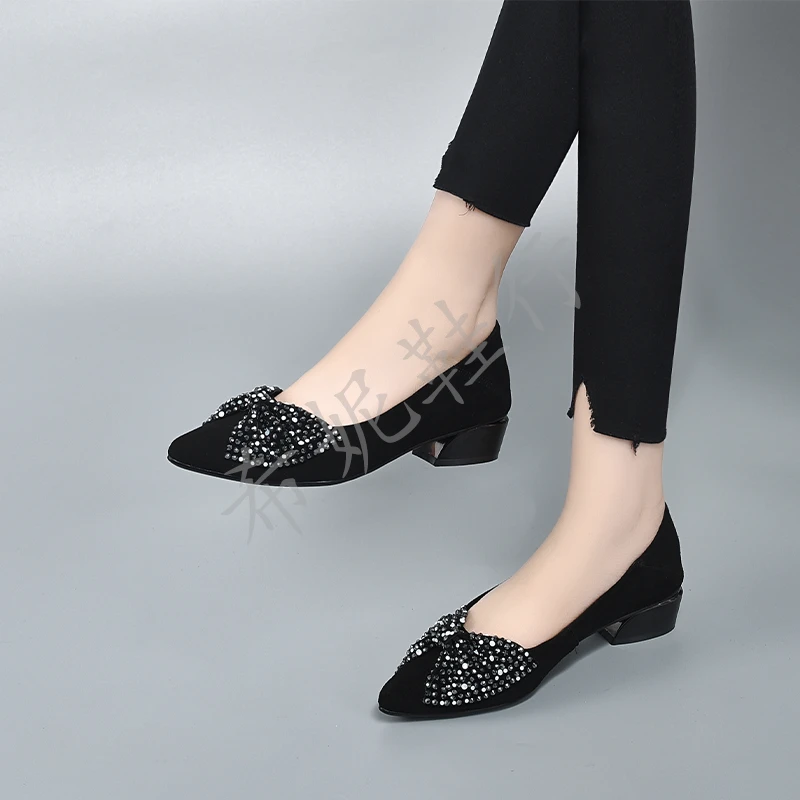 水晶蝶2025年新款春季尖头浅口小单鞋粗跟百搭舒适中跟女鞋软底鞋