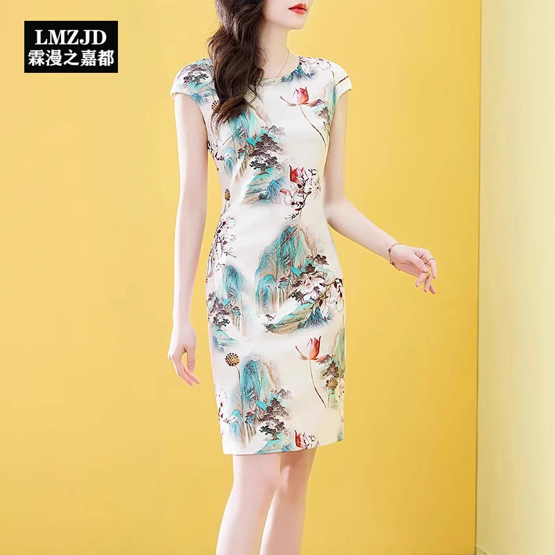短款复古时尚水墨印花显瘦连衣裙2025夏季新款中国风修身日常裙子