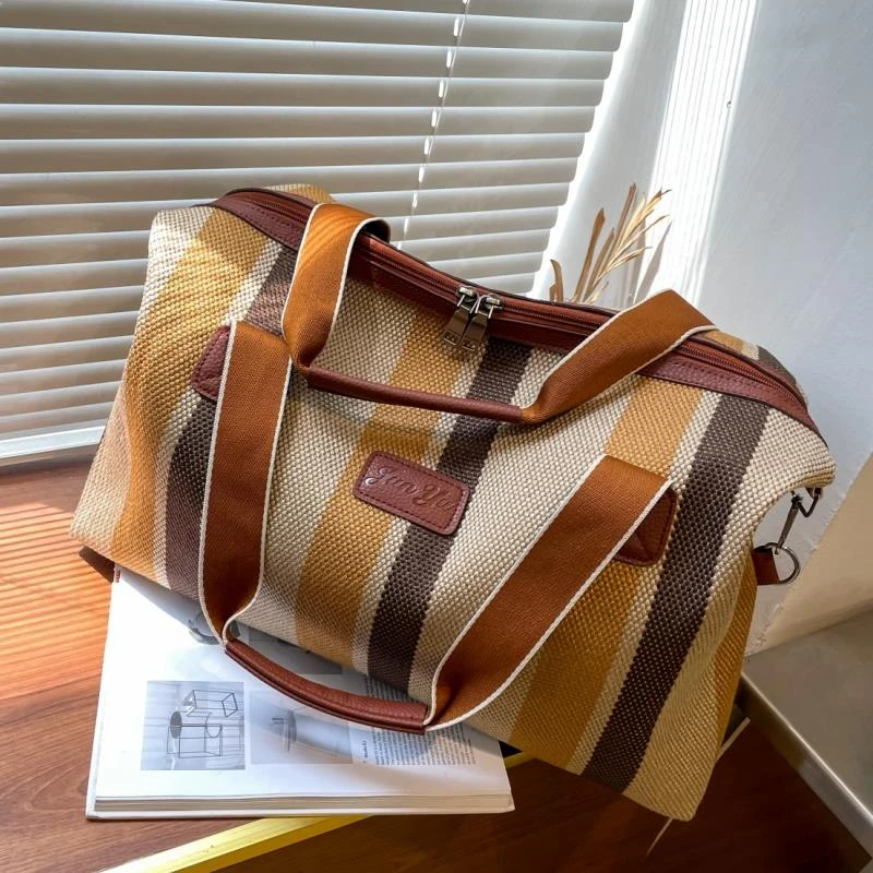 条纹复古短期外出旅行包女轻便手提行李包大容量帆布旅游包旅行袋