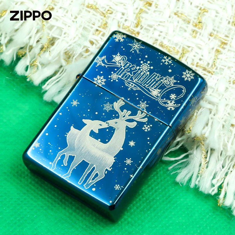 zippo打火机正版彩印冰面圣诞款式煤油防风圣诞礼物送男友蓝冰镜