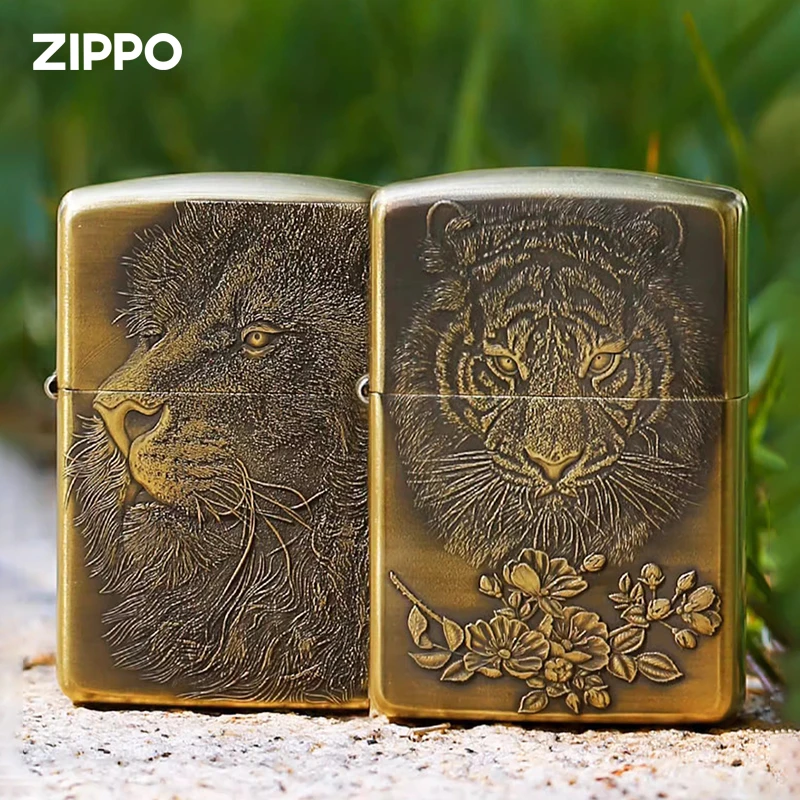 打火机Zippo原装正版黄铜盔甲机浮雕狮虎zppo煤油防风复古送礼