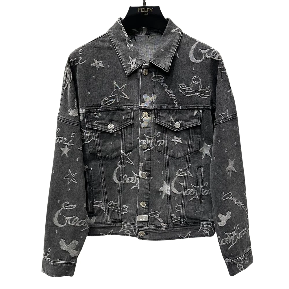 CREAZIONI欧货潮牌牛仔夹克男士春秋款时尚经典印花翻领外套0290