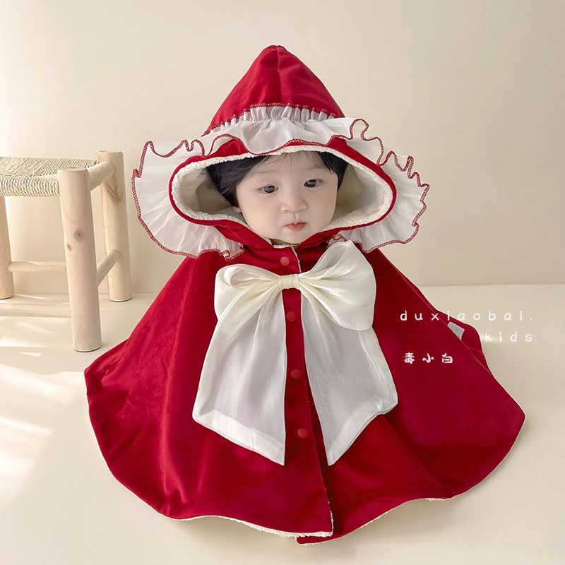 婴幼儿斗篷蝴蝶结披肩秋冬季加绒加厚斗篷宝宝披风儿童外出小外套