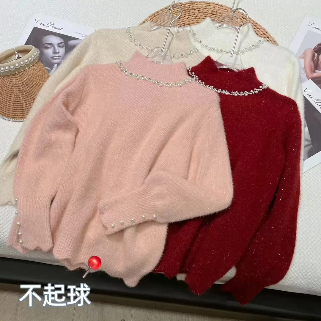 秋冬新款钉珠镶钻半高领波浪边针织衫毛衣女加厚打底衫上衣