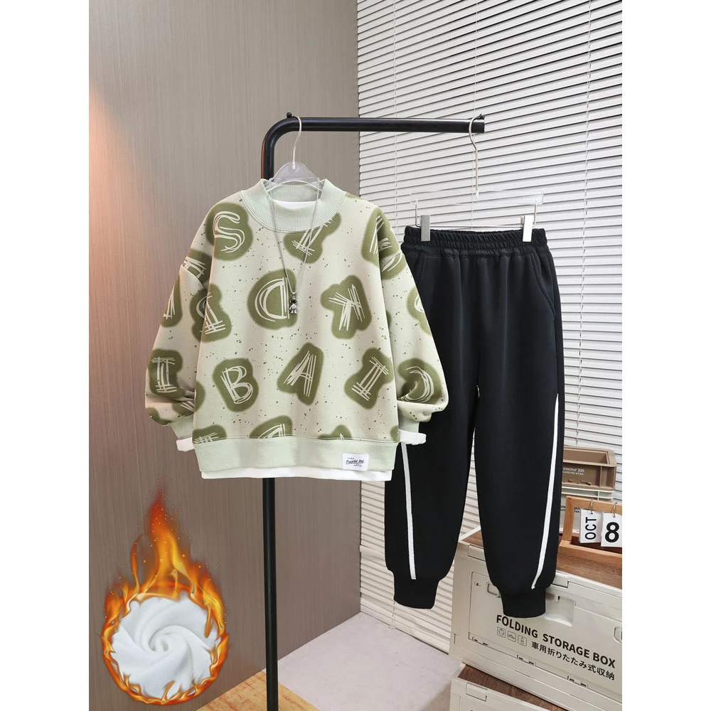 男孩高领秋冬新款加绒卫衣套装男孩一体绒加厚休闲衣两件套中大童