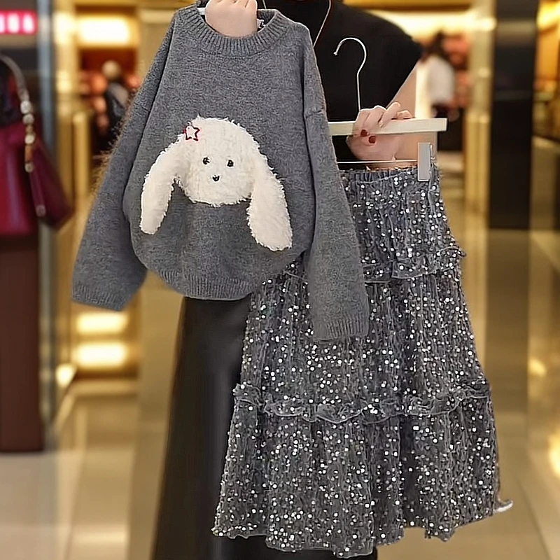 加厚女童毛衣套装2024秋冬新款卡通上衣加绒亮片裙子时髦公主冬装