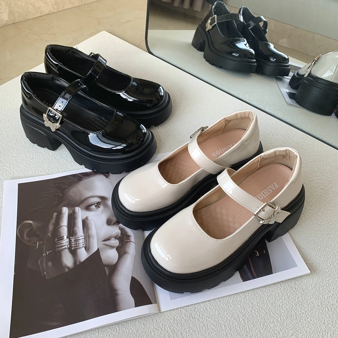 厚底玛丽珍鞋女2024新款百搭蝴蝶结粗跟学院英伦风单鞋高跟小皮鞋