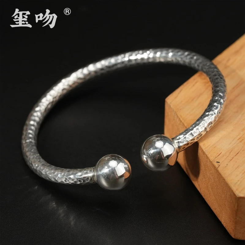 足银手镯 【玺吻】足银999 素款有求必应 百搭锤纹手镯时尚可调节