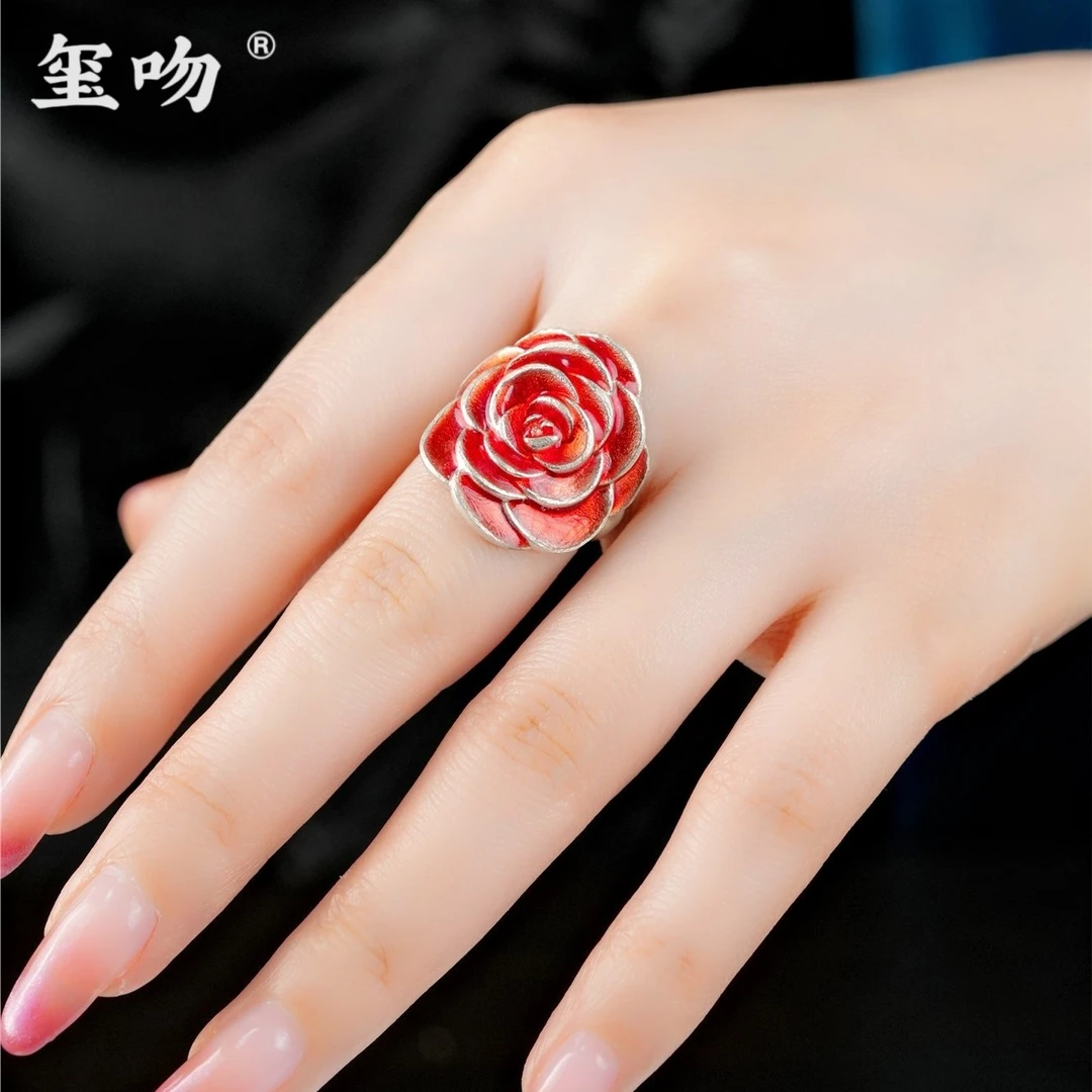 足银戒指 【玺吻】足银999.9 浪漫玫瑰花景泰蓝手工足银戒指 开口戒