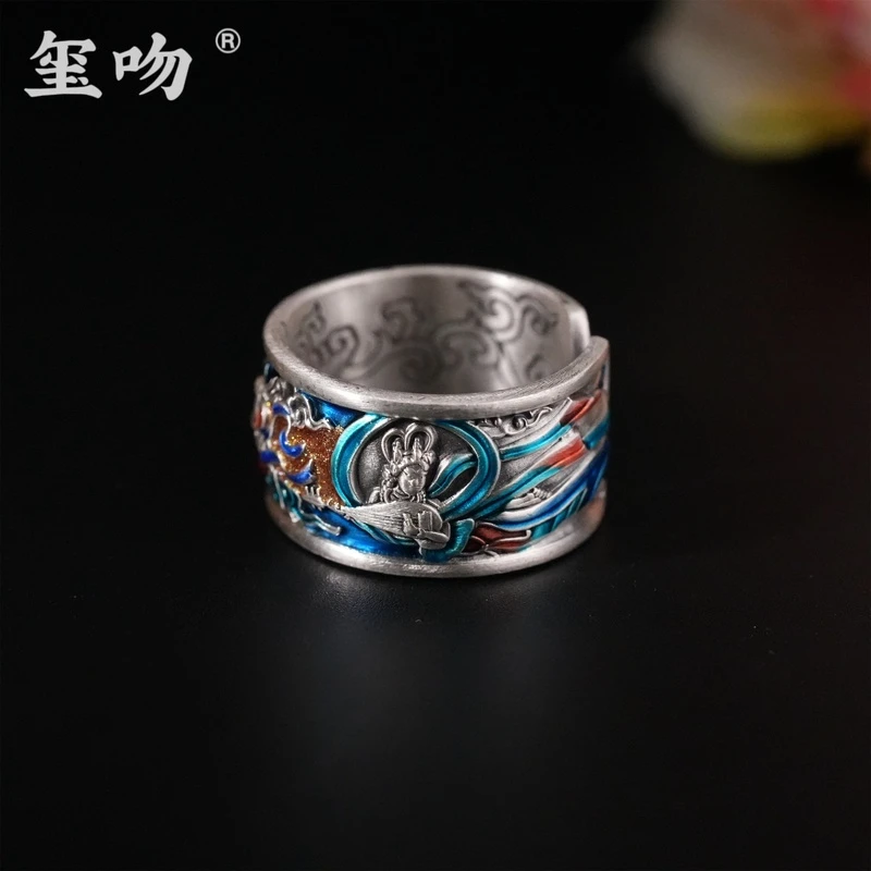 足银戒指 【玺吻】足银999 敦煌飞天 纯手工篆刻景泰蓝工艺