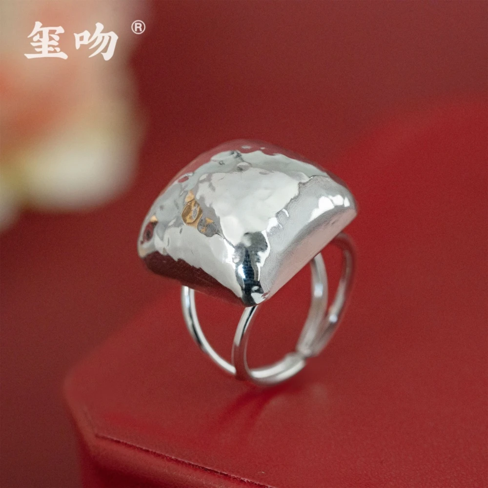 925银戒指 【玺吻】s925银 四方来财 手工锤纹气质戒指 大哥的女人