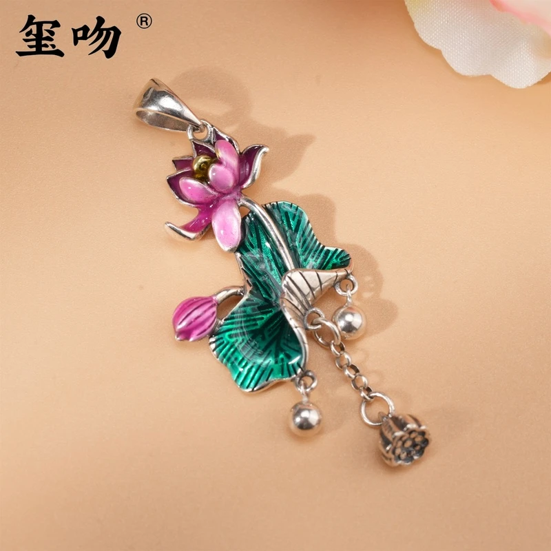 吊坠925银 【玺吻】s925银珐琅彩莲花吊坠两世欢气质流苏纯手工国风
