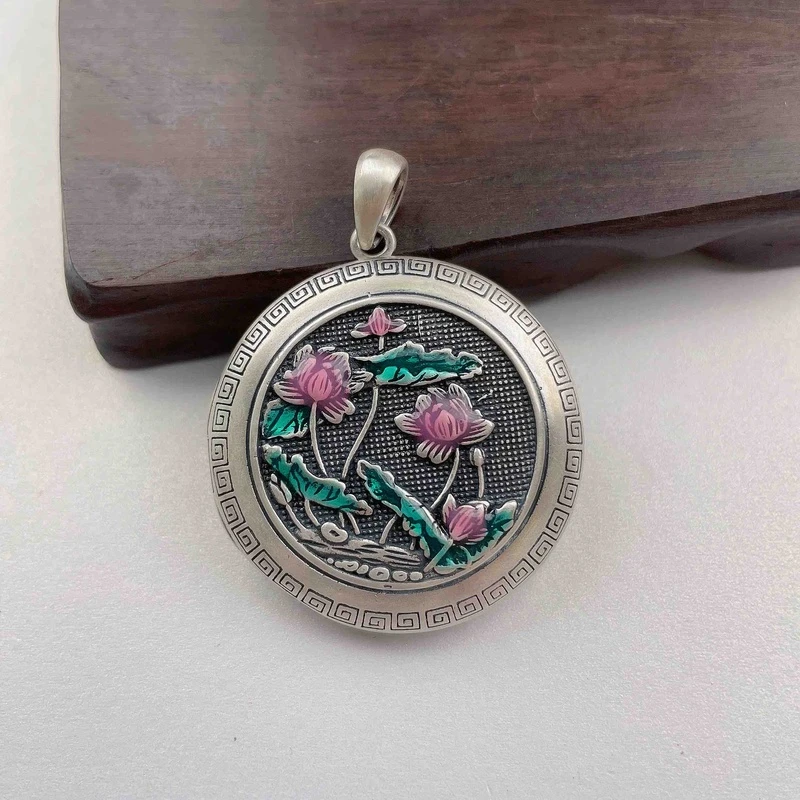 吊坠足银 【玺吻】足银烧蓝莲花心经盒可打开吊坠（直径约3.8cm）