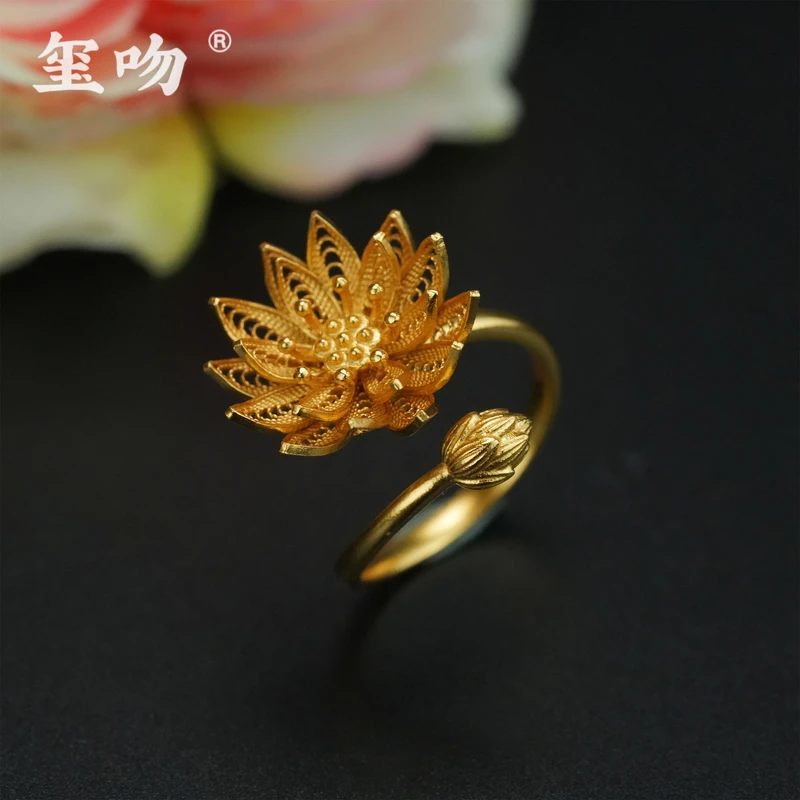 925银戒指 【玺吻】s925银 金莲生辉 纯手工花丝工艺莲花戒指开口戒