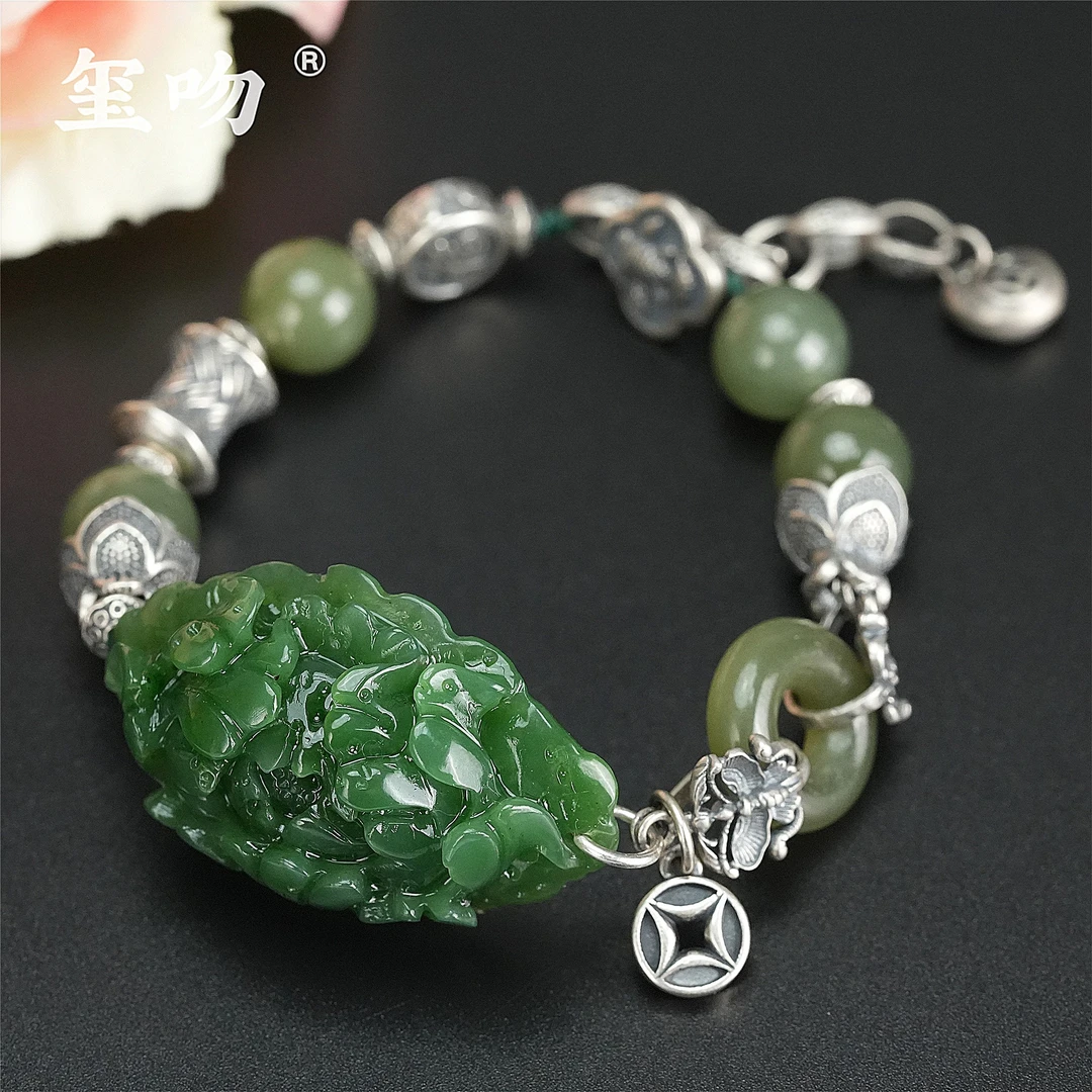 【玺吻】s925银 花开富贵 天然和田玉牡丹花手链（约22cm）