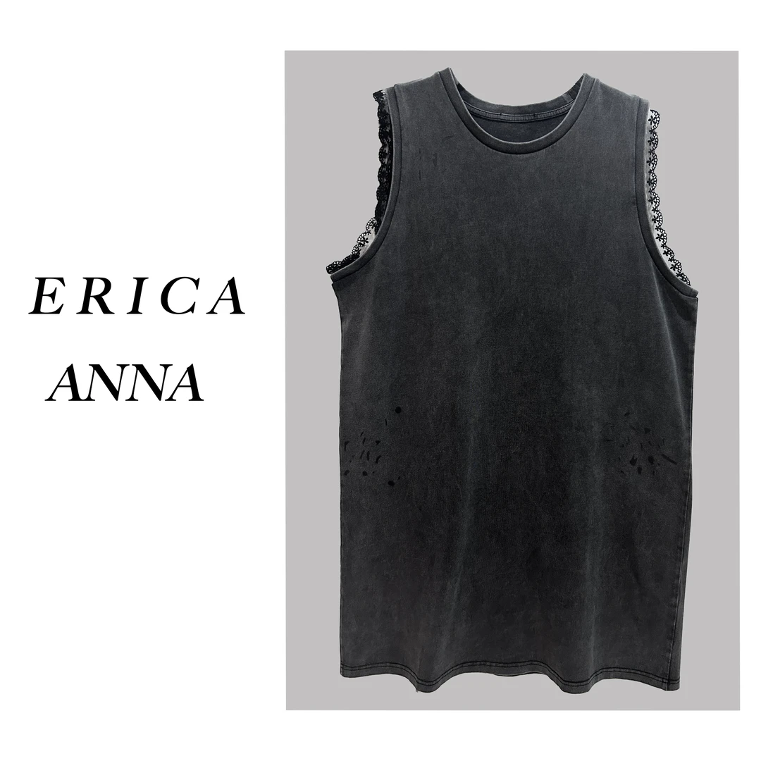 南油小众设计师新品蕾丝边拼接墨点无袖背心连衣裙0120