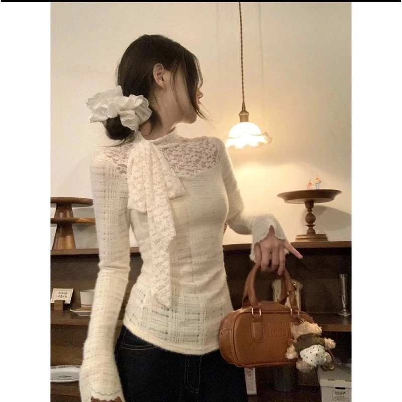 留洋千金蕾丝T恤冬季法式设计感气质修身纯欲蝴蝶结飘带上衣打底