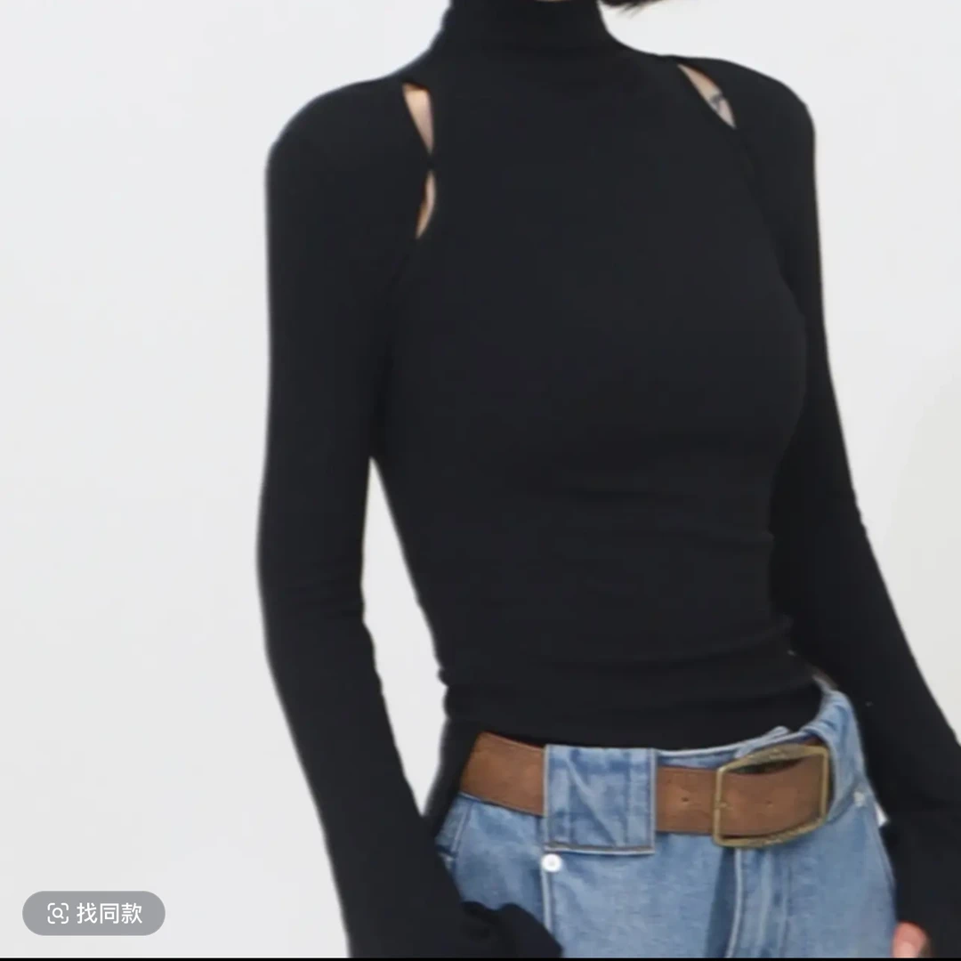 1018秋冬新款韩版纯色高领镂空设计感修身打底衫显瘦长袖短款