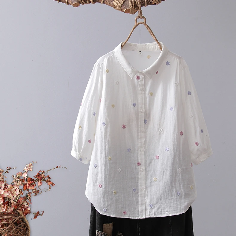 中袖衬衫女 满身刺绣樱桃小花 白色纯棉棉纱亲肤透气薄款翻领衬衣