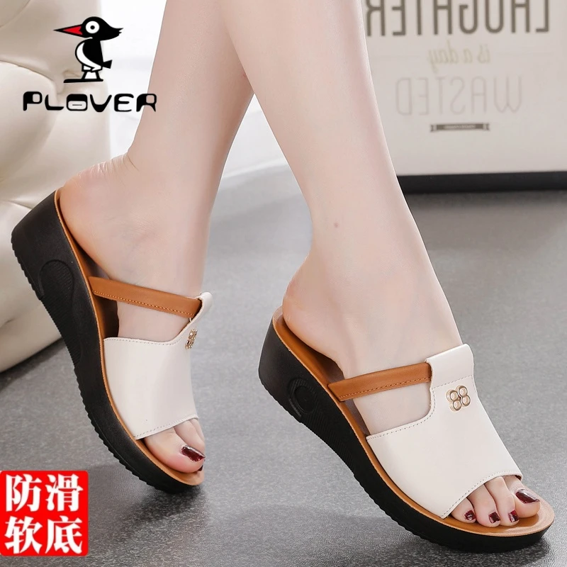PLOVER凉鞋女时尚百搭大码女士中老年夏季软底外穿防滑坡跟凉拖鞋