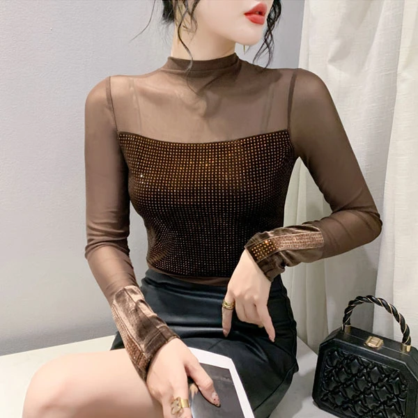 欧货打底衫2024春新款半高领丝绒拼接网纱烫钻修身显瘦长袖上衣女