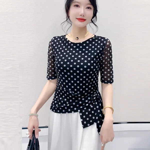 韩版时尚波点中袖上衣女百搭收腰显瘦印花网纱T恤系带洋气小衫潮