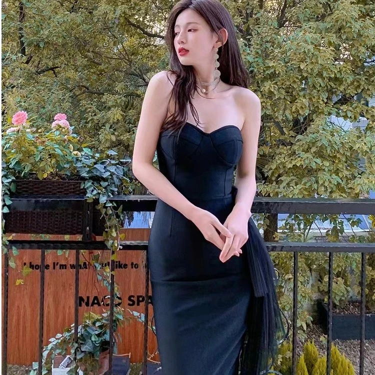 壹姐家绷带礼服裙抹胸小礼服包臀显瘦收腰露背气质夏季名媛白色