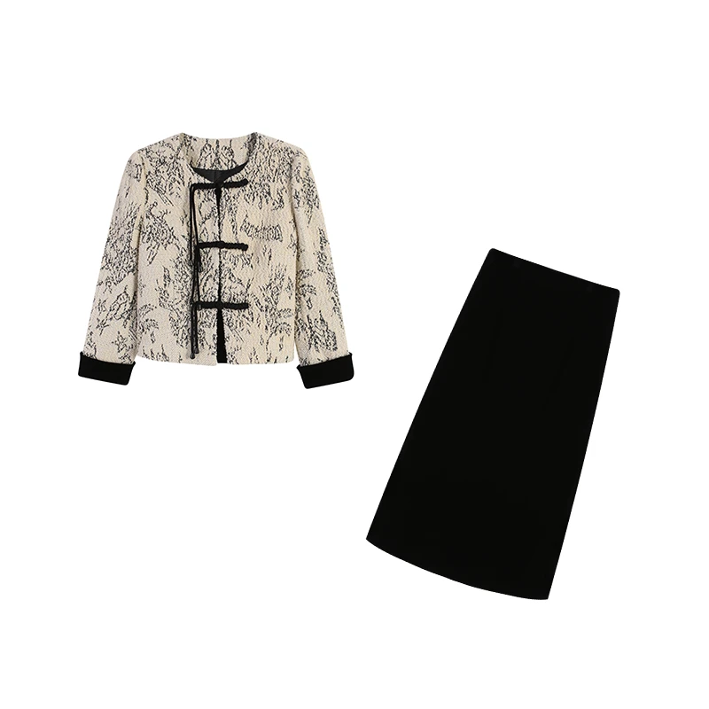 五季家大码复古小香风加棉新中式短外套冬丝绒长半裙套装ZL100641