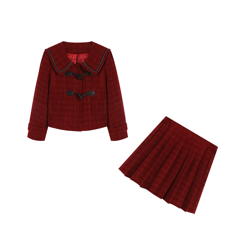 学院风复古气质时尚短外套百褶裙套装ZL41174