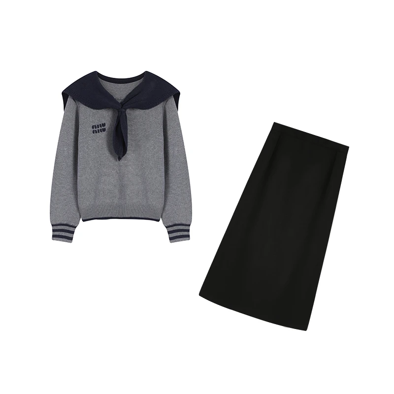 微胖撞色假两件洋气海军领针织衫韩系上衣长款呢半身裙ZL100819