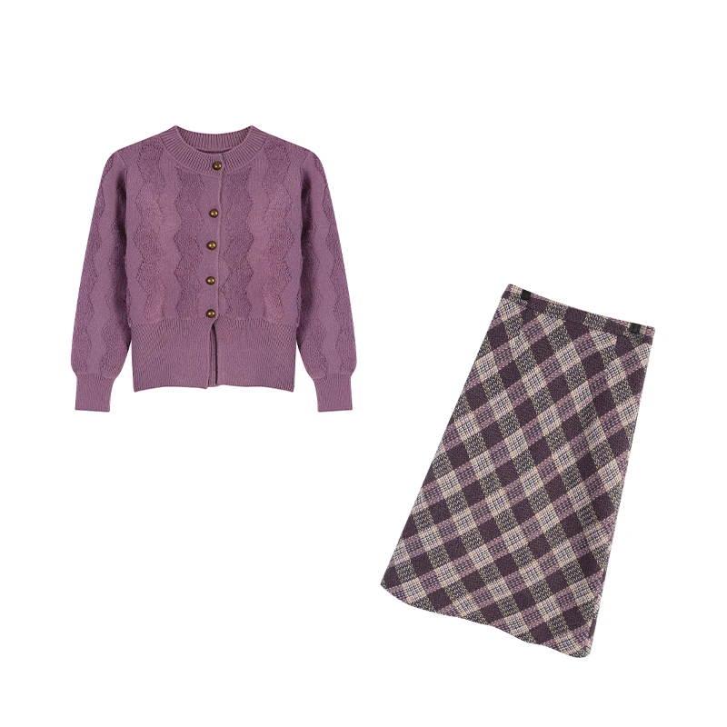 【芋泥啵啵】紫色上衣+紫格长半裙两件套ZL101033