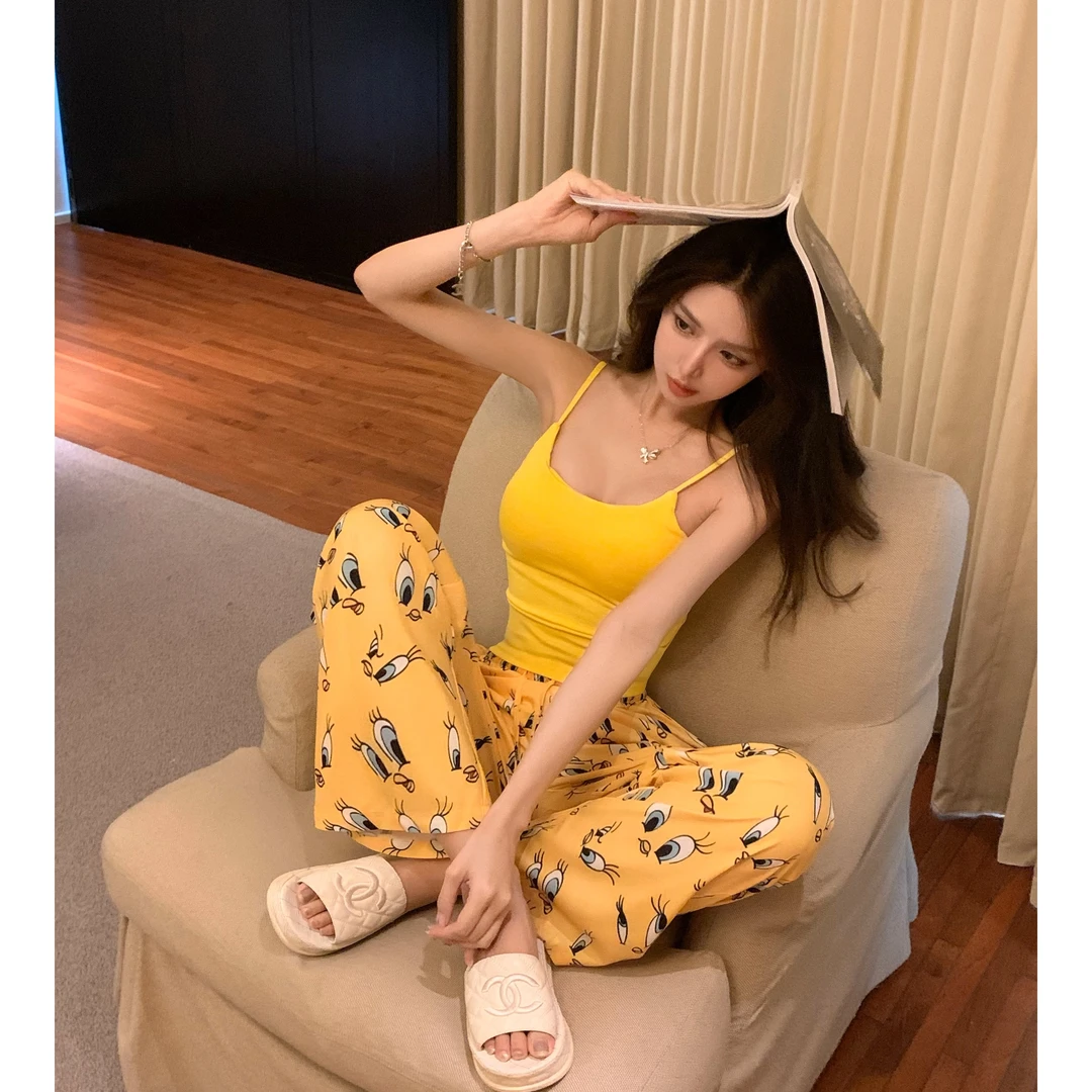 卡通图案秋夏季宽松薄款显瘦外穿松紧腰垂感直筒阔腿长裤家居服