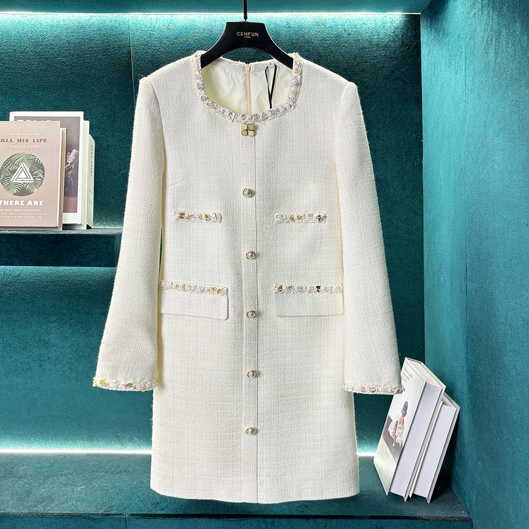 【CENFUN】气质名媛小香风白珍珠钻扣收腰连衣裙女E031103