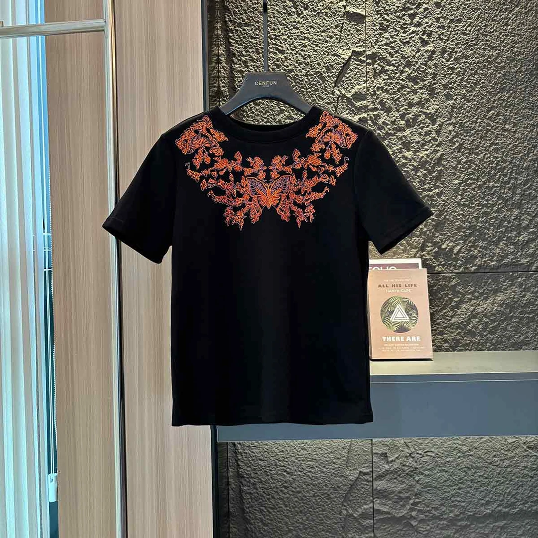 【CENFUN】黑色国风复古烫钻烟花T恤A02019
